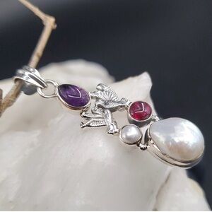 “Love Birds” 925 Solid Silver Pendant of Genuine Pearls, Garnet & Amethyst